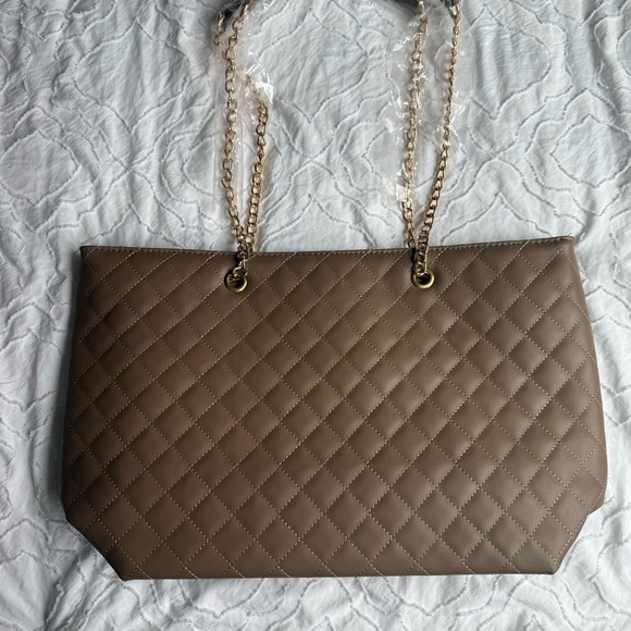 Badgley Mischka Tan Brown Quilted Tote Bag Gold Detail Vegan Leather Zipper - Picture 3 of 8